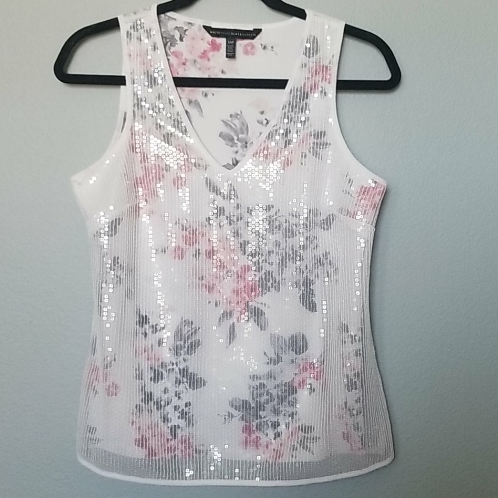 WHBM Women's Workplace Siren Girly White Sequin Overlay Floral Tank PXS - Picture 3 of 9